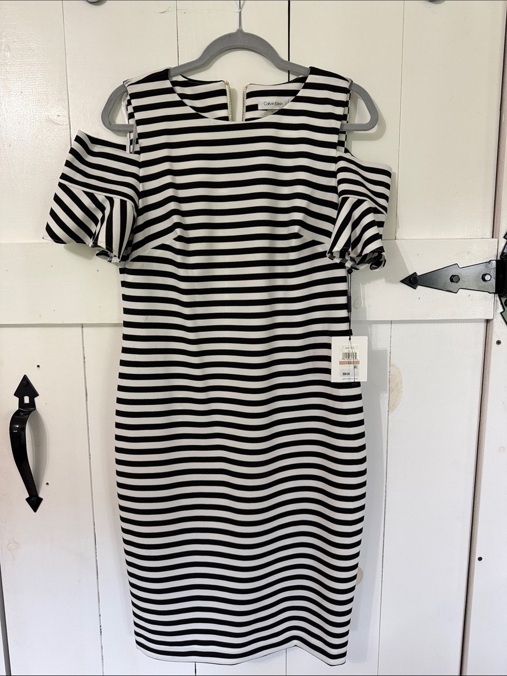 NWT Calvin Klein Striped Cold-Shoulder Midi Dress in Black and White size 12